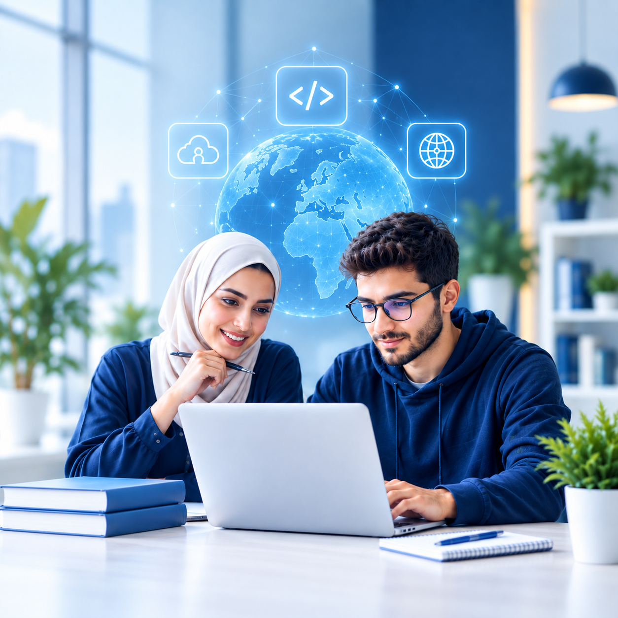 صورة تعبيرية لشابة وشاب يتعلمان باستخدام حاسوب محمول وسط رموز تقنية زرقاء